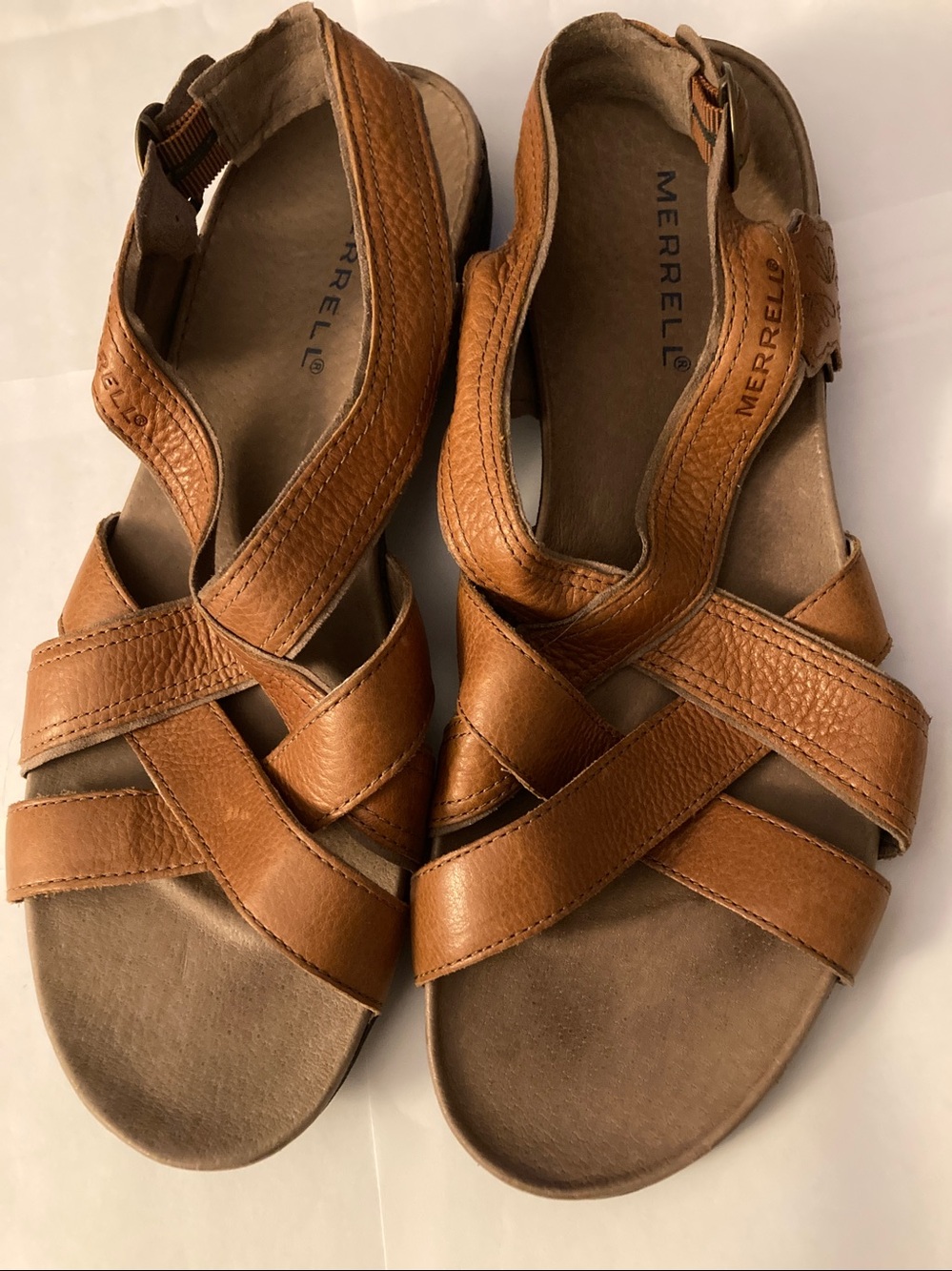 Merrell Women's Cognac Leather Cross-Strap Slingback Sandals